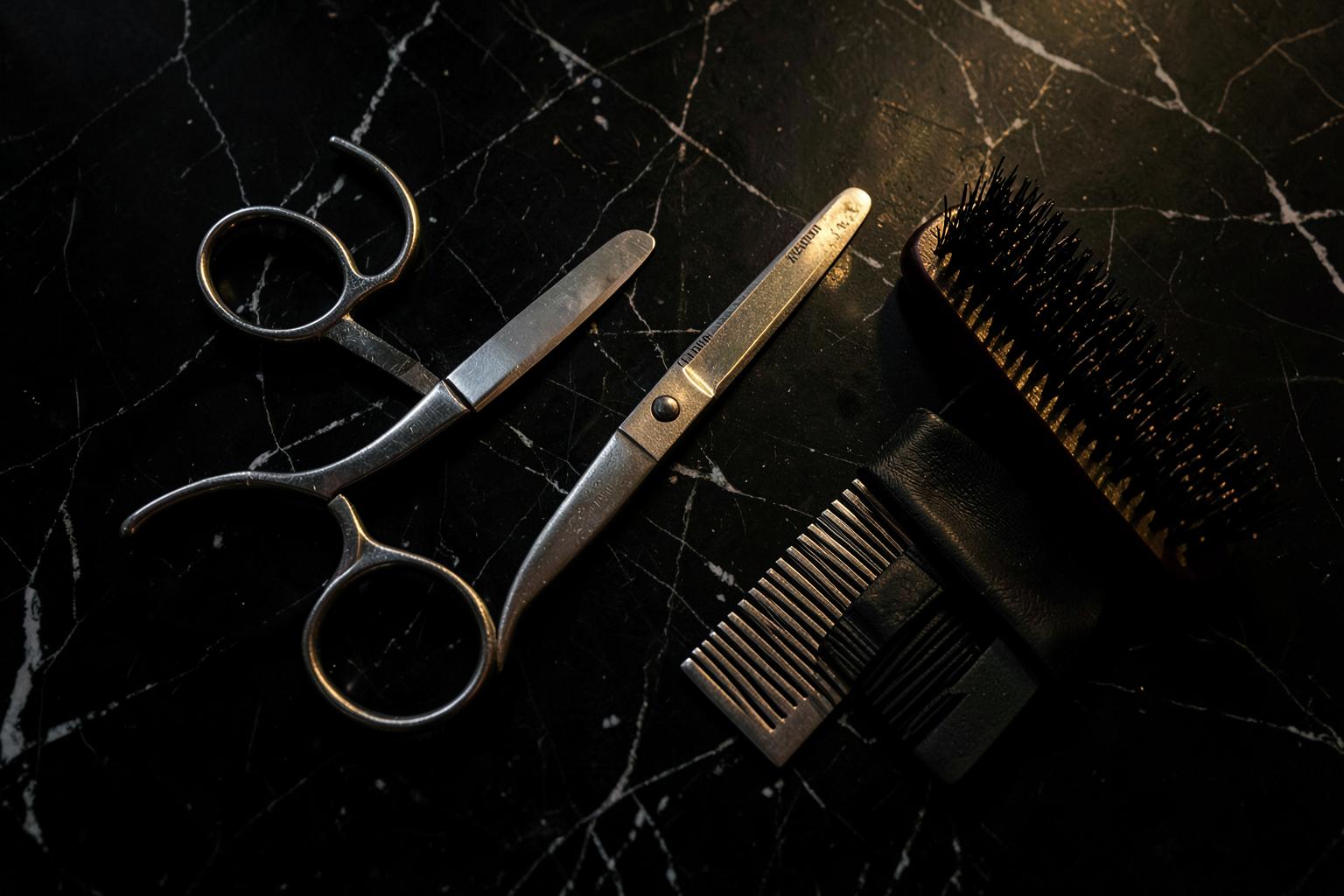 Barber scissors, razor and comb on dark marble